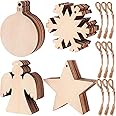 KAHEIGN 80Pcs Wooden Christmas Ornaments, Lantern Snowflake Angel Star Shape Wood Slice Ornaments for New Year Christmas Tree DIY Pendant Decoration - with 80Pcs Hanging Cords
