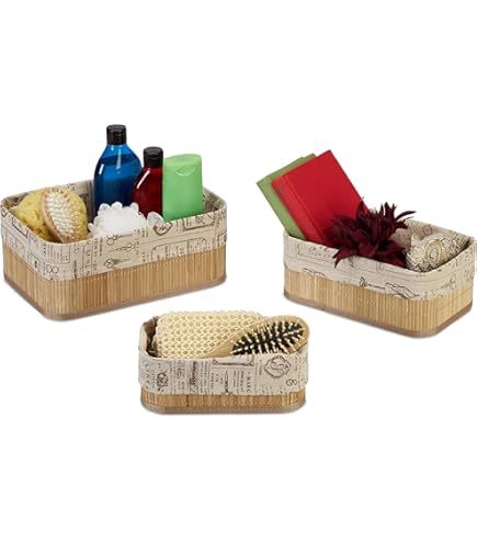 Set 3 Cestini Portaoggetti In Bambù Relaxdays - Organizer Per Armadio E Scaffali - Nero/Crema - Foto 3