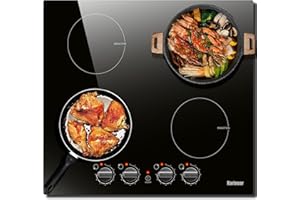 Karinear Piano induzione 4 fuochi, 60cm Piani Cottura 4 Fuochi Offerte Incasso con Manopola, 7700W Piastra Elettrica Professionale Nero di 9 Livelli di Potenza, Spegnimento Automatico, Senza Spina