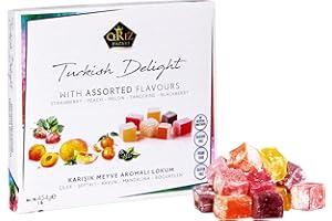 ÇEREZ PAZARI Cerez Pazari Turkish Delight with Strawberry, Peach, Melon, Tangerine, BlackBerry Flavours 454g, Gourmet Medium Size Snacks Gift Box, No Nuts Sweet Traditional Vegan Soft Candy Dessert