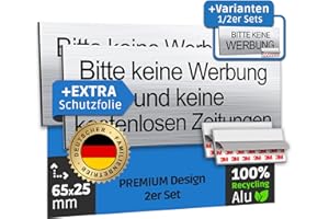 ‎SCHILDERBOXX SCHILDERBOXX® 2er Set Keine Werbung Aufkleber [65x25mm, 100% Alu, 3M Tape] - Schild Briefkasten Selbstklebend, Kostenlose Zeitungen Verboten