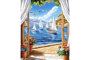 NEWENMO Vista al Mar Pintar por Numeros Adultos,Barcos y Pájaros Pintura por Numeros Kit,DIY Flores Paint by Numbers,con 3 Pinceles y Pigmento Acrílico,para Decoración del Hogar,Sin Marco-40x50cm