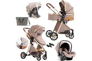 Nine point nine Poussette 3 en 1, Poussette Bebe avec Double Modes de Poussée Réversibles, Poussette Canne avec Grande Nacelle Confortable, Pousette avec Cadre Aluminium Haute Paysage (V9 Khaki)