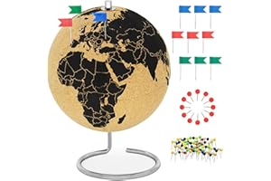 FEINKNICK Mappamondo in sughero alto 25 cm con 54 spilli diversi - Mappamondo girevole in sughero - Mappamondo come idea regalo per giramondo