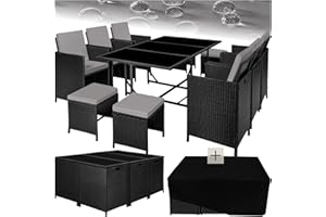 TecTake® Salon de Jardin Exterieur en Résine Tressée Poly Rotin Salon de Jardin Table 10 Personnes 6 Fauteuil en rotin 4 Tabouret Pouf Encastrable avec Housse de Protection, Entretien Facile