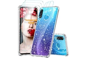LeYi - Carcasa para Huawei P30 Lite con 3 Lentes templadas, Protector de Pantalla y 3 Protectores de cámara, Purpurina Transparente Reforzada a Prueba de Golpes, Gel de Poliuretano termoplástico y