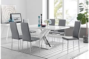 Furniturebox UK Dining Set - Atlanta Dining Table and Milan Chairs Set Of 6 - Contemporary High Gloss Chrome Table with Modern Milan Chairs (White Dining Table + 6 Grey Milan Chairs)