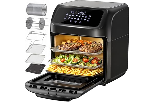 LLIVEKIT Friteuse à Air Chaud 12L, Four à Air Chaud avec 12 Fonctions, Mini Four, 1800 W, avec Écran LED Numérique, Déshydratateur de Fruits, Barbecue, Livret de Recettes et 7 Sortes d'Accessoires
