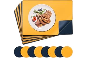NOSTHEART Tischsets Abwaschbar 8er Set, Platzsets Abwischbar Tischsets Leder Hitzebeständig rutschfest Platzdeckchen mit Untersetzer Rund, Doppelseitigen Mit Randnähten, Blau Gelb