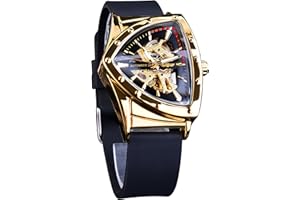 Forsining Montre squelette pour homme, montre mécanique automatique avec cadran triangulaire lumineux, remontage manuel, bracelet en acier inoxydable ou en silicone souple
