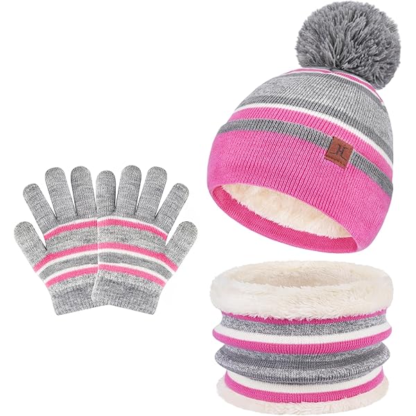 BESTORI Kindermuts, handschoenen, sjaalset voor meisjes, jongens, beanie, muts met pompon, nekwarmer, fleece voering, pet voor kinderen van 4-10 jaar, Roze 02, One Size
