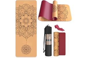 Haninj Eco-Friendly Cork Yoga Mat Non Slip Unique Design Natural Cork TPE Exercise Mat with Carry Bag and Strap For Home, Pilates,Aerobic,Gym & Workout 72 X 24
