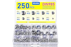 250PCS Nylock Nuts, HOLMOL DIN 985 Locking Nuts with Box, 8 Sizes Stainless Steel Self Locking Nut for Bolts, Hex Assortment Kit & Nyloc Hexagon Nut for Lock Washers, Bolts, Screws