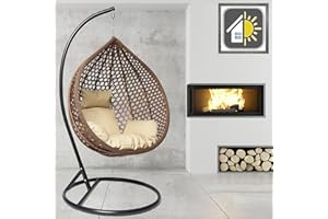 GOODS EMPORIUM Luxury Rattan Hanging Egg Chair Outdoor & Indoor Garden Swing Chair Hammock with Cushions - RAIN COVER INCLUDED (Medium, Black - Brown - Beige)