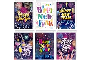 HOWAF 6 Pack Happy New Year Cards 2026 Greeting Cards with Envelopes, Winter Holiday Greetings Card Gifts Presents for NYE Party Decorations 2026, Multicolor