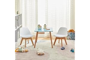 LuxNook Ensemble Table et 2 chaises pour Enfants 3 en 1, Ensemble de sièges pour Enfants en Bois de hêtre, Petite Table carrée Qui stimule la créativité et l'apprentissage (Blanc+Bleu)