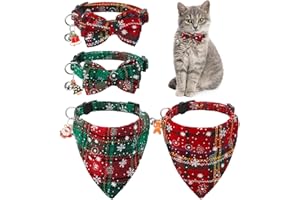GSrenyu 4 Pack Christmas Cat Bandana Collar Plaid Snowflak Cat Bow Tie with Bell,Breakaway Adjustable Cats Festive Collars for Puppy Kitten Supplies