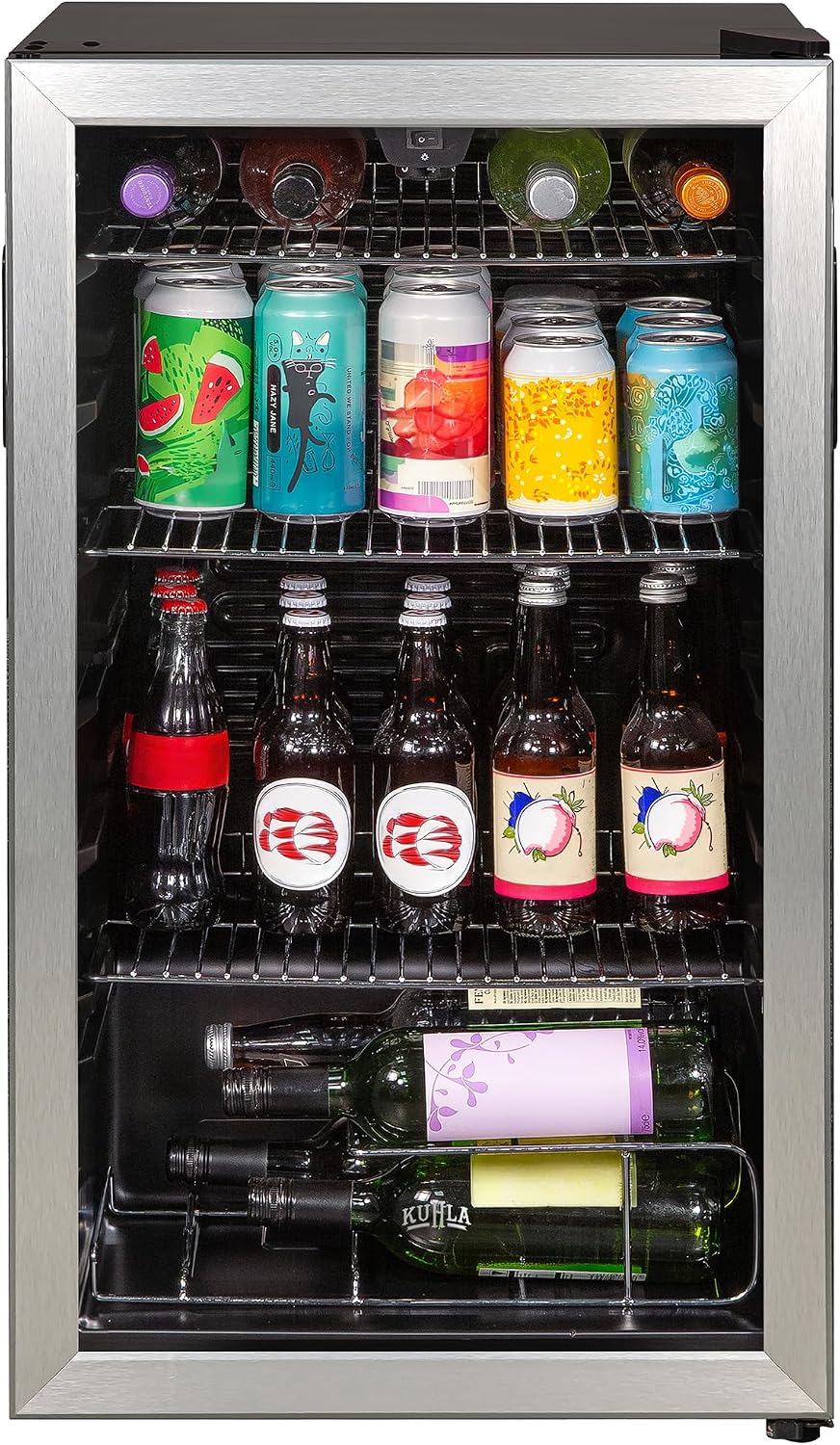 Kuhla Mini Fridge 93 Litre Undercounter Freestanding Beverage/Drinks Wine Fridge for Beer Stainless Steel, LED Light, Drinks & Snacks Glass Door, 3 Adjustable Shelves, Energy Efficient, K48BC101SS