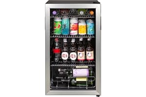 Kuhla Mini Fridge 93 Litre Undercounter Freestanding Beverage/Drinks Wine Fridge for Beer Stainless Steel, LED Light, Drinks & Snacks Glass Door, 3 Adjustable Shelves, Energy Efficient, K48BC101SS