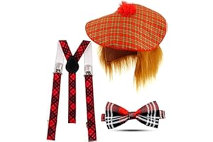 Mega_Jumble Mens Scottish National Scots Tartan Hat with Ginger Wig Suspender Braces and Bowtie Instant Kit Red Tartan Pattern Stag Night Fancy Dress Costume SCOTSMAN SET