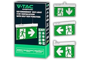 V-TAC Lampe de Secours LED 4 en 1 pour Plafond et Mur - Visible à 30 Mètres - Bouton d'Autotest - Éclairage de Sortie de Secours et Issue de Secours - Exit - 4 Signalisations Incluses - Lumière 6000K