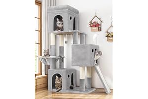 Globlazer Albero Tiragraffi per 2-4 Gatti con 3 Grande Grotte 40 * 33 * 35cm, Piattaforma Imbottiti, Rampa Sisal, Cesto, Peluche Giocattoli, Stabile Albero per Gatti da Interno (F52B, Grigio Chiaro)