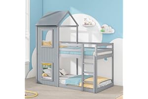 Merax Kids 3FT Treehouse Bunk bed Mid-Sleeper Single Cabin Bed, Treehouse Canopy & Ladder, Solid Pine Wood Frame, for Children Girls and Boys, Grey(2 * 90x190cm)