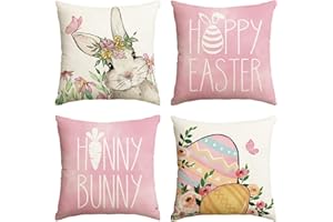 Artoid Mode Happy Easter Honny Bunny Hase Blumen Ostereier Ostern Kissenbezüge 4er Set, 45x45 cm Frühling Zierkissenbezug Couch Wohnzimmer Deko