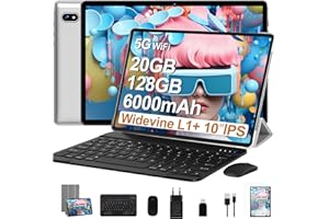 UJJ Tablette Android Tablette 10 Pouces 20Go RAM+128Go ROM(TF/1To), 5G+2.4G WiFi 6, Octa-Core, 6000mAh, GMS Certified, Widevine L1, 5MP+8MP, Bluetooth 5.0, Tablette Tactile avec Clavier+Souris+Cas-Argent
