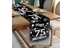 DOMGOGE Happy 75th Birthday Table Runner Black Silver 75th Birthday Table Runner for Men Women Him Her 75 Years Old Birthday Celebration Party Decorations Non-Slip Dining Table Linen Cloth Decor 180x35cm Long