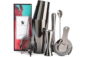 HOMEKEROS Schwarzer Edelstahl Boston Cocktail Shaker Set: 9-teilig Cocktail Shaker Set mit Hawthorne Barsieb Set, Messbecher, Barstößel, Barlöffel und 2 Weinausgießer