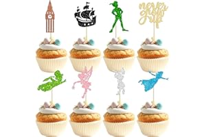 Gyufise Confezione da 24 topper per cupcake glitterati con nave che non c"è l'isola che non c"è Elfo Ragazza Cupcake Picks Night Fairy Tales P Pan decorazioni per cupcake per baby shower feste di