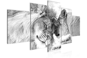Runa Art - Tableau Les Lions Amour 200 x 100 cm 5 Parties XXL Decoration Murale Dessin Noir Et Blanc 002151c