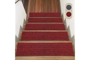 IGTOPS Tappetini per gradini interni, antiscivolo, 15 pezzi, 22 x 70 cm, in poliestere, con retro autoadesivo in TPE, per bambini, anziani e animali domestici (rosso con strisce nere)