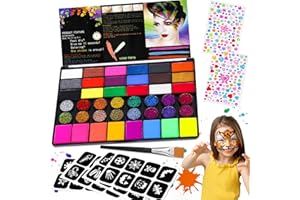 Gigmeta Kinderschminke Set, 42 Farben Waschbar Face Paint Bodypaint Schminkset, Körperfarbe Kinder inkl. professionellen Pinsel, 4 Schablonen, 2 Diamant Sticker für Halloween Karneval Make up Fasching