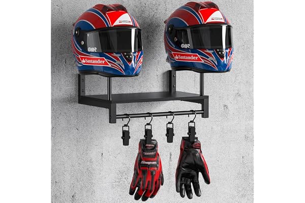 THYGIFTREE Support Casque Moto pour 2 Casques, Porte Casque Moto Mural avec 4 Crochets, Rangement Polyvalent Support Mural avec Planches en Bois pour Casques de Moto, Football, Baseball, Rugby (Noir)