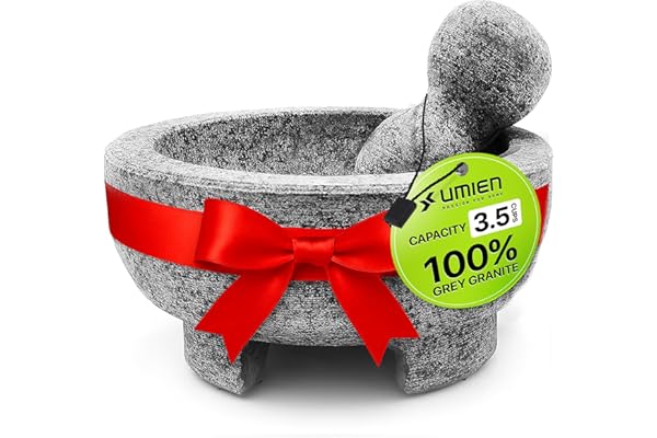 Granite Mortar and Pestle Set guacamole bowl Molcajete 8 Inch - Natural Stone Grinder for Spices, Seasonings, Pastes, Pestos and Guacamole - Extra Bonus Avocado Tool Included
