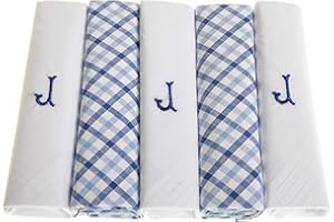 Surf the Shop Pack of 5 Mens Initial Embroidered White Handkerchiefs with Satin Border and Blue Check Handkies, Various Letters