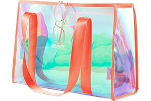 KUAK Large Beach Tote Bags for Women Gorgeous Iridescent Clear Tote Bag Waterproof Sandproof Beach Bag with Inner Waterproof Zipper Pocket, Tip-Proof for Swim, Pool, Travel, Cruise, Boat-Orange Strap
