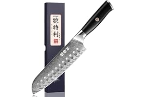 Kitory Couteau Santoku Acier Damas 17cm, couteau de cuisine super aiguisé en acier 73 couches, couteau japonais professionnel forgé à la main, manche en pakkawood