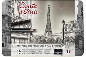 Conté à Paris 750410 Pierre Noire Set in Metal Box - 7 Pierre Noir Chalk Pens & 6 Carré Chalks in Black with Accessories