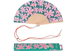 Fisura – Oryginalny wachlarz z retro kwiatowym wzorem, elegancki i modny. Drewniany model w różowo-zielonej kolorystyce. Zawiera praktyczny pasek. Wymiary: 42,5 x 23 cm