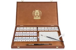 Schmincke – HORADAM AQUARELL Premium Farbkasten mit 47 feinsten Aquarellfarben, Porzellanpalette, 2 daVinci Pinseln, 74348097, Holzkasten, 47 x 1/1 Näpfchen, ONetz