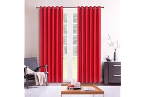 ROOEE Insulated Heavy Thick Thermal Blackout Curtains Eyelet Ring Top Pair – Ideal for Living Room, Bedroom, Guest Room and Kids Bedroom (Red, 46" Wide x 72" Drop)