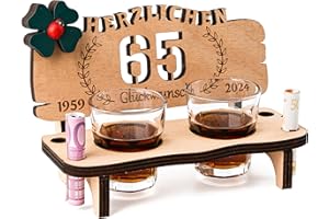 HOLDLEAF Banco de Chupito de Madera con Número de Año 65 Grabado y Vasos de Chupito Regalo para Parejas y Bodas Aniversario Cumpleaños Decoración Divertida Idea de Regalo (2 Vasos de Chupito)