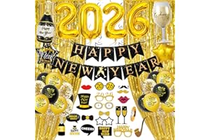 WEQTWL Silvester Deko 2026, Schwarz Gold Neujahr Deko 2026 Happy New Year Banner, 2026 Folienballon Konfetti Luftballons, Glitzer Vorhänge, 2026 Foto Requisite Party Dekoration Set für Silvesterparty