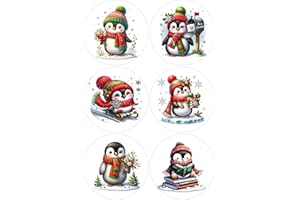 CHIC COTTAGE CRAFTS 12 Penguins Christmas Selection - Card Making Toppers Self Adhesive Circles - Glossy Finish Medium 88mm (3.5 inches) Diameter - Pack of 12 (Two Sheets of 6) - Crafts Labels