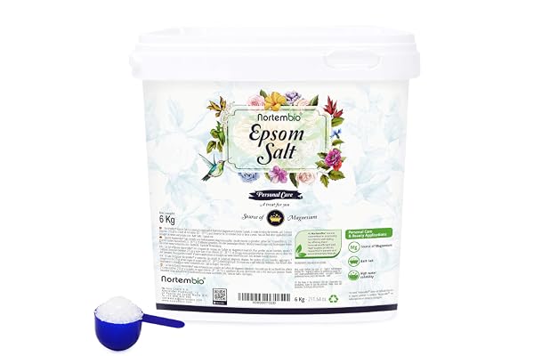 Nortembio Sels d’Epsom 100% Purs 6 kg – Source Concentrée de Magnésium | Pour Peaux Sensibles | Avec Vitamines C et E Hydratantes | Sans Additifs, Usage Externe Naturel + E-Book Gratuit