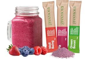 GREENORA Smoothie Bowl Fruits Lyophilisés Poudre 100% Naturel. Mangue Banane Fraise Framboise Betterave Myrtilles. Séchée Déshydratée Vegan. 9x24g