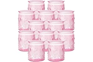 ENJINKAIL 12Pcs Glass Tea Light Candle Holders,6.6cm x 5.8cm Vintage Candle Jar, Coloured Tealight Holders, Votive Candle for Indoor, Outdoor, Garden, Dinner, Church, Weddings, Home Décor, Gifts (Light pink)